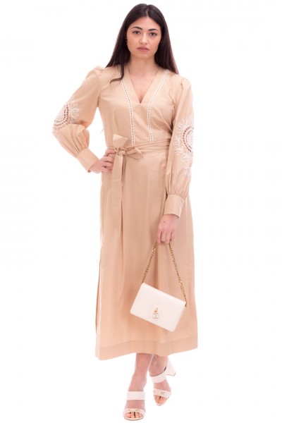 Twin-Set  Long muslin dress with embroidery and belt 221TP2600 CUBAN SAND
