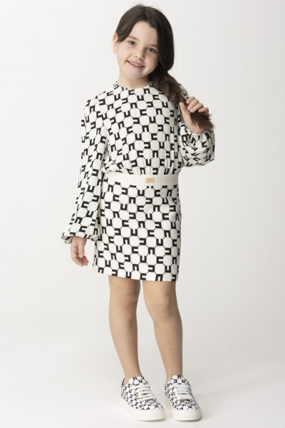 ELISABETTA FRANCHI BAMBINA  Long-sleeved dress with CC cubic print EFAB5150VI014.D027 BUTTER/BLAC