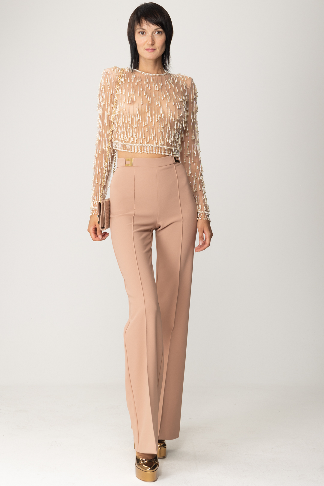Preview: Elisabetta Franchi Tulle top with pearls embroidery Nudo