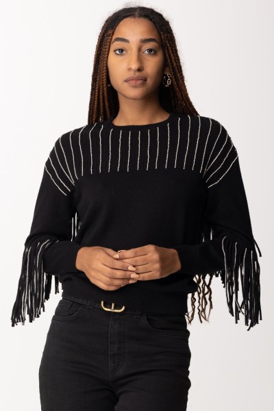 Pinko  Pullover with Fringes and Rhinestones 102082 A19L NERO LIMOUSINE