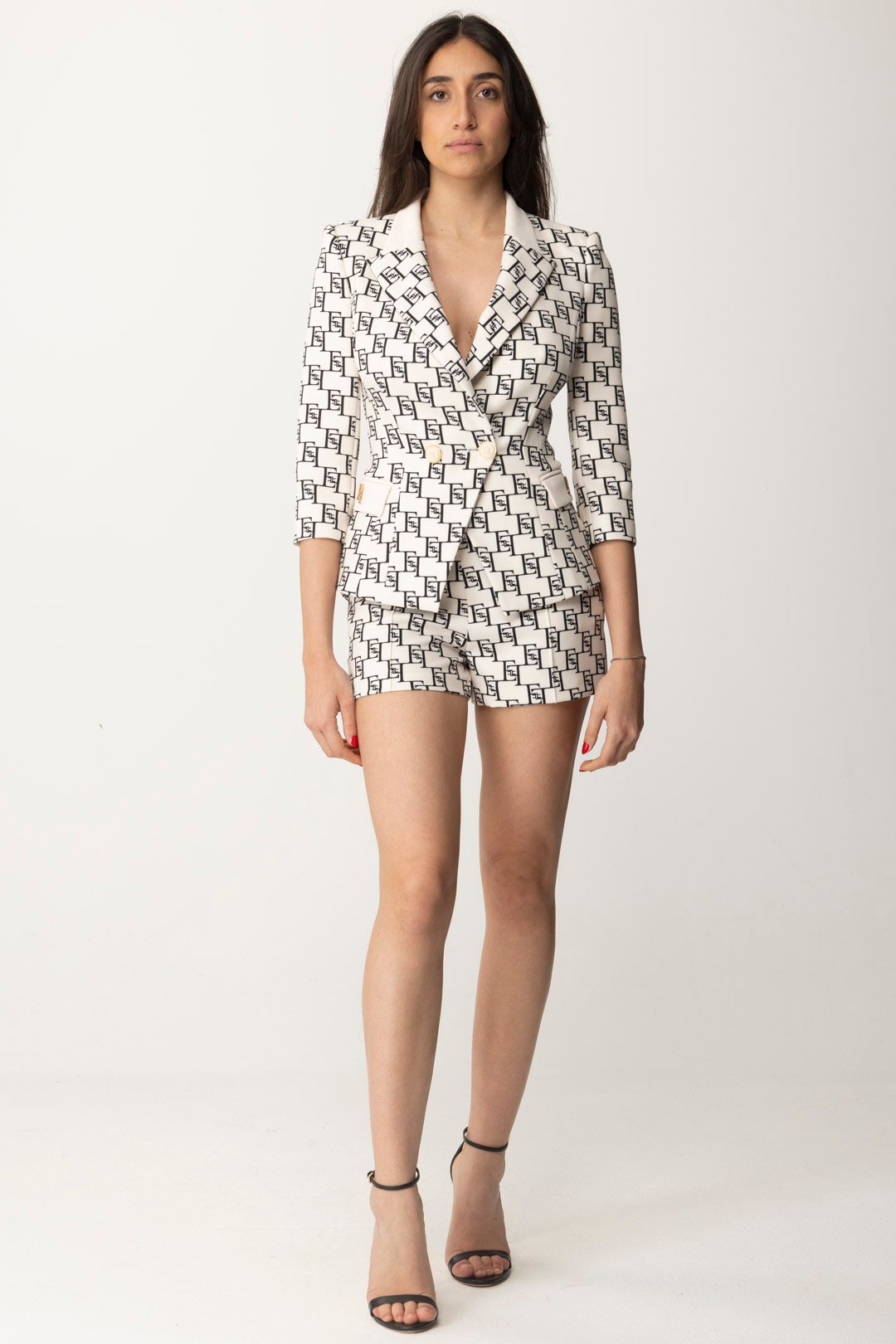 Preview: Elisabetta Franchi Printed shorts with logo at the waist Burro/Nero