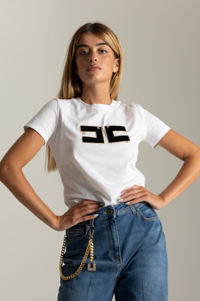 Elisabetta Franchi  Aksamitna koszulka z logo maxi MA00236E2 GESSO/NERO
