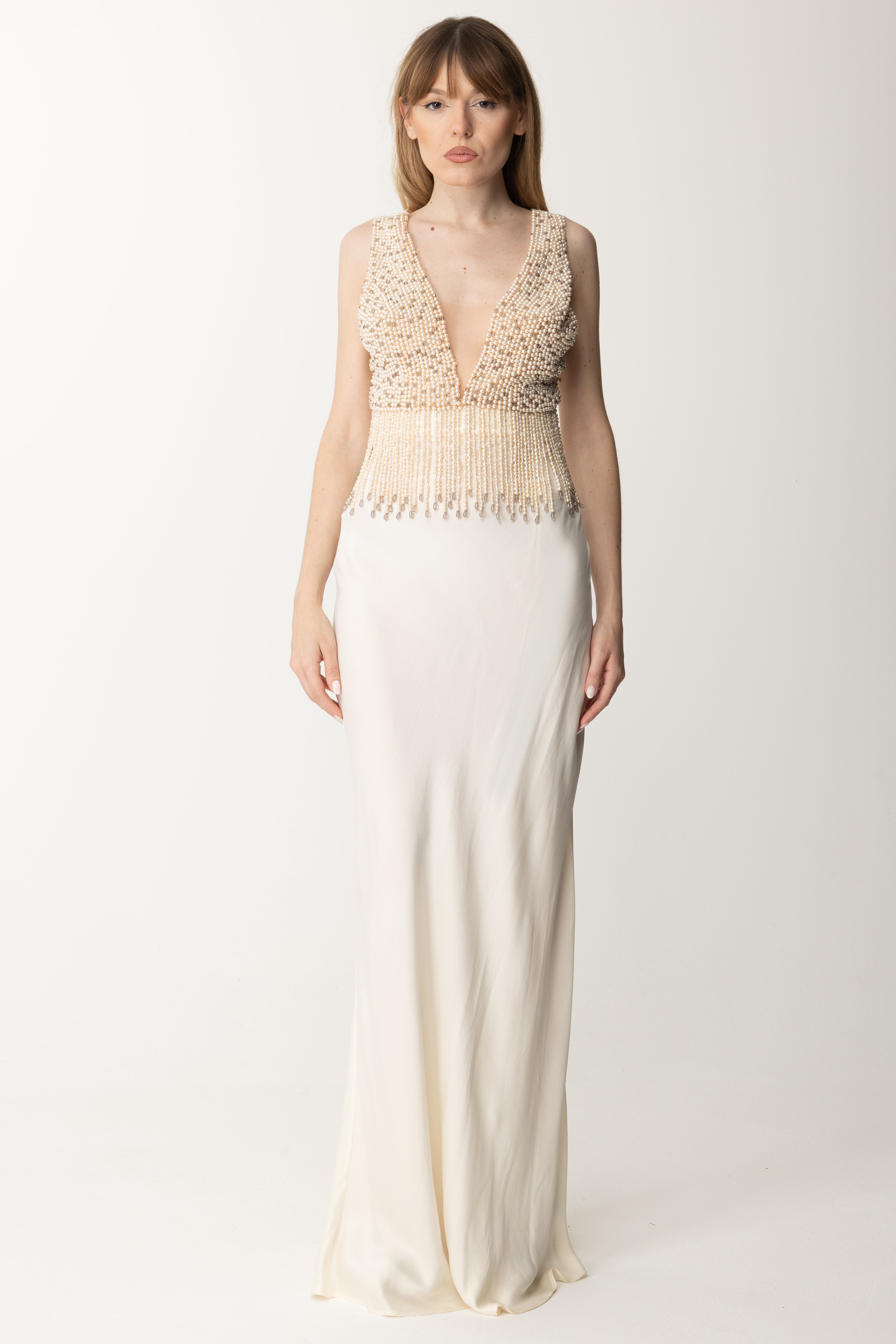 Preview: Elisabetta Franchi Red carpet silk dress with embroidered bodice Burro
