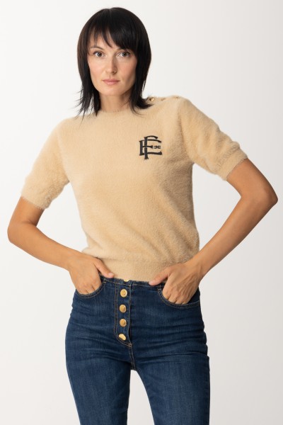 Elisabetta Franchi  Dzianinowy T-shirt z efektem pluszu MK34M37E2 CARAMELLO/NERO