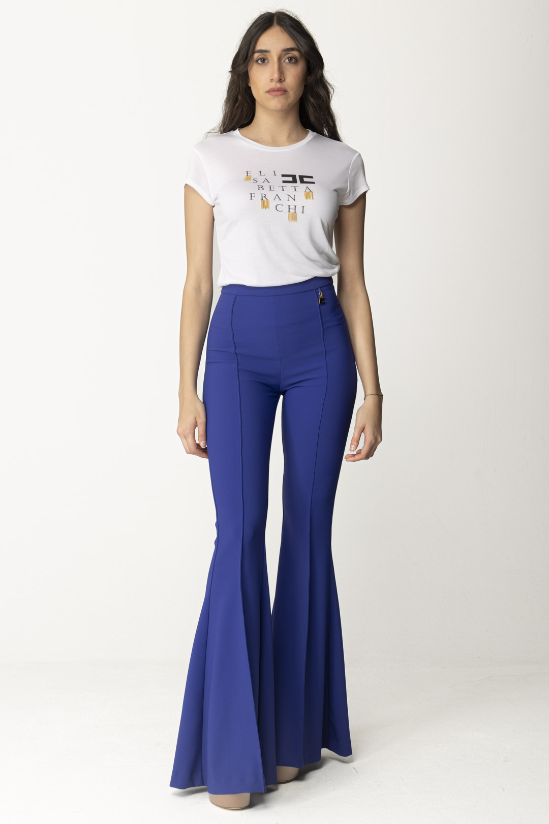 Preview: Elisabetta Franchi T-shirt with lettering logo and fringes Gesso