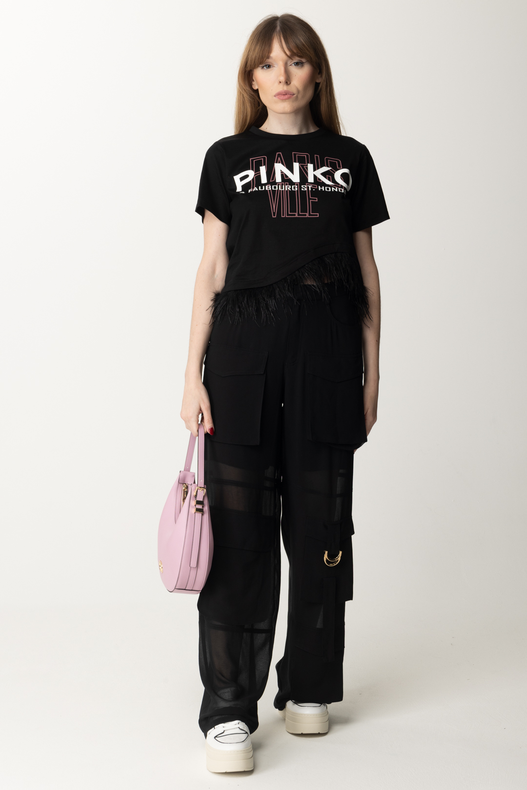 Anteprima: Pinko T-shirt crop cities con piumette NERO LIMOUSINE