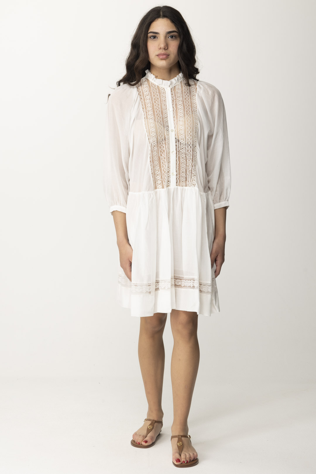 Preview: Semicouture Short lace and muslin Andreina dress Ivory