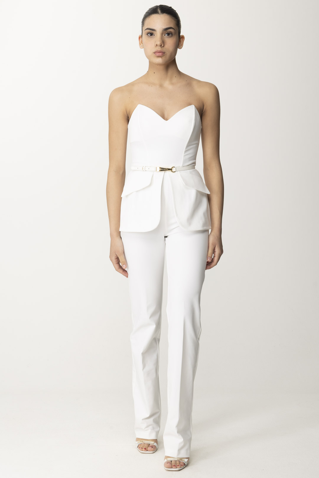 Preview: Elisabetta Franchi Long Jumpsuit with Bodice and Peplum Avorio