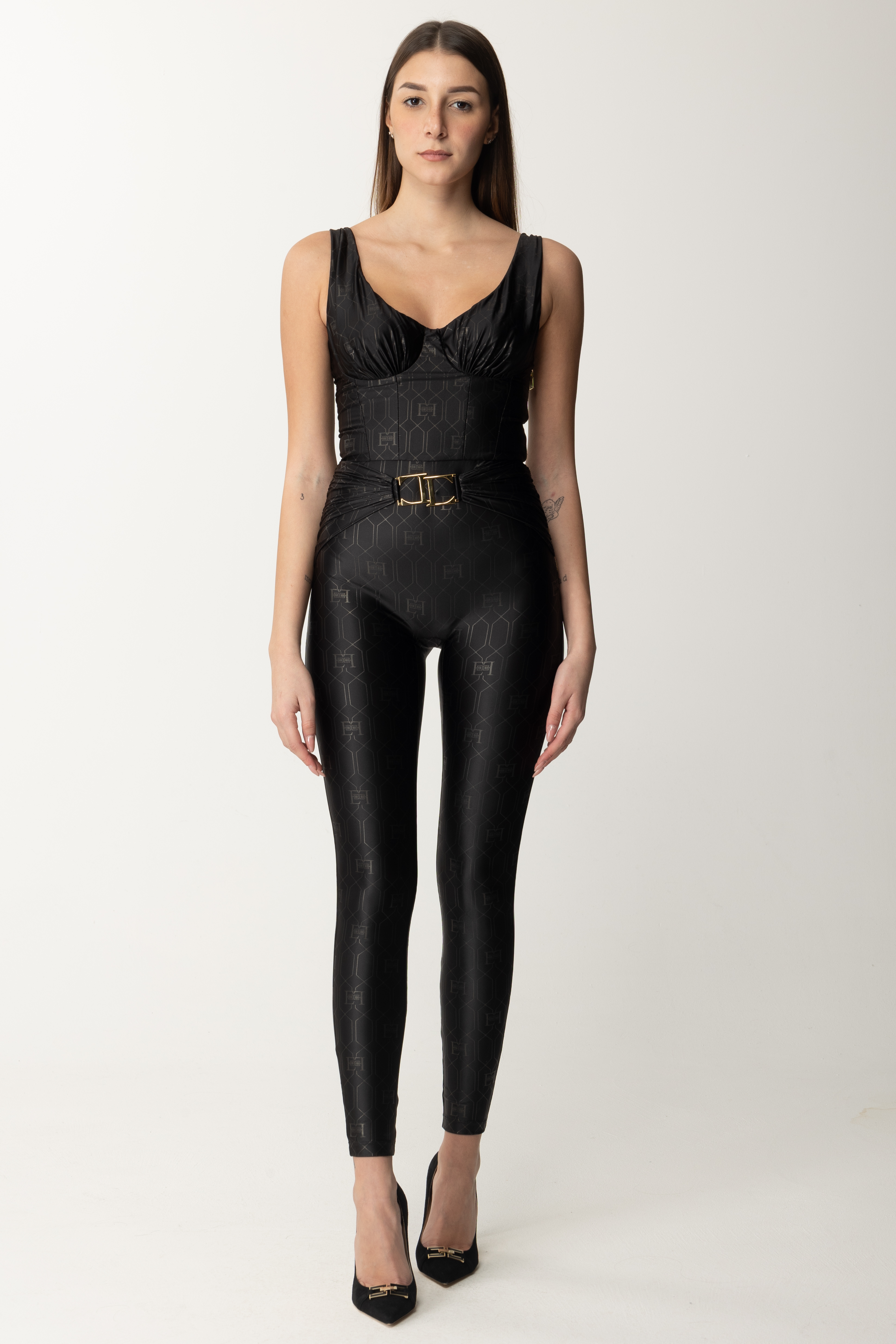 Preview: Elisabetta Franchi Lycra jumpsuit with logo print Nero