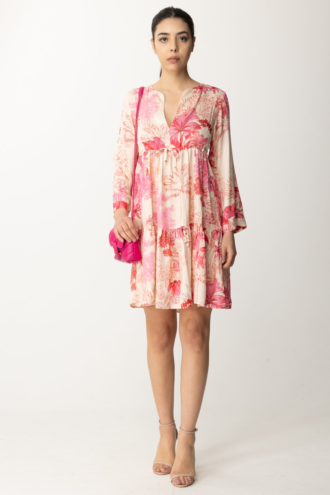 Preview: Replay Patterned mini dress with flounce BEIGE/FUCHSIA