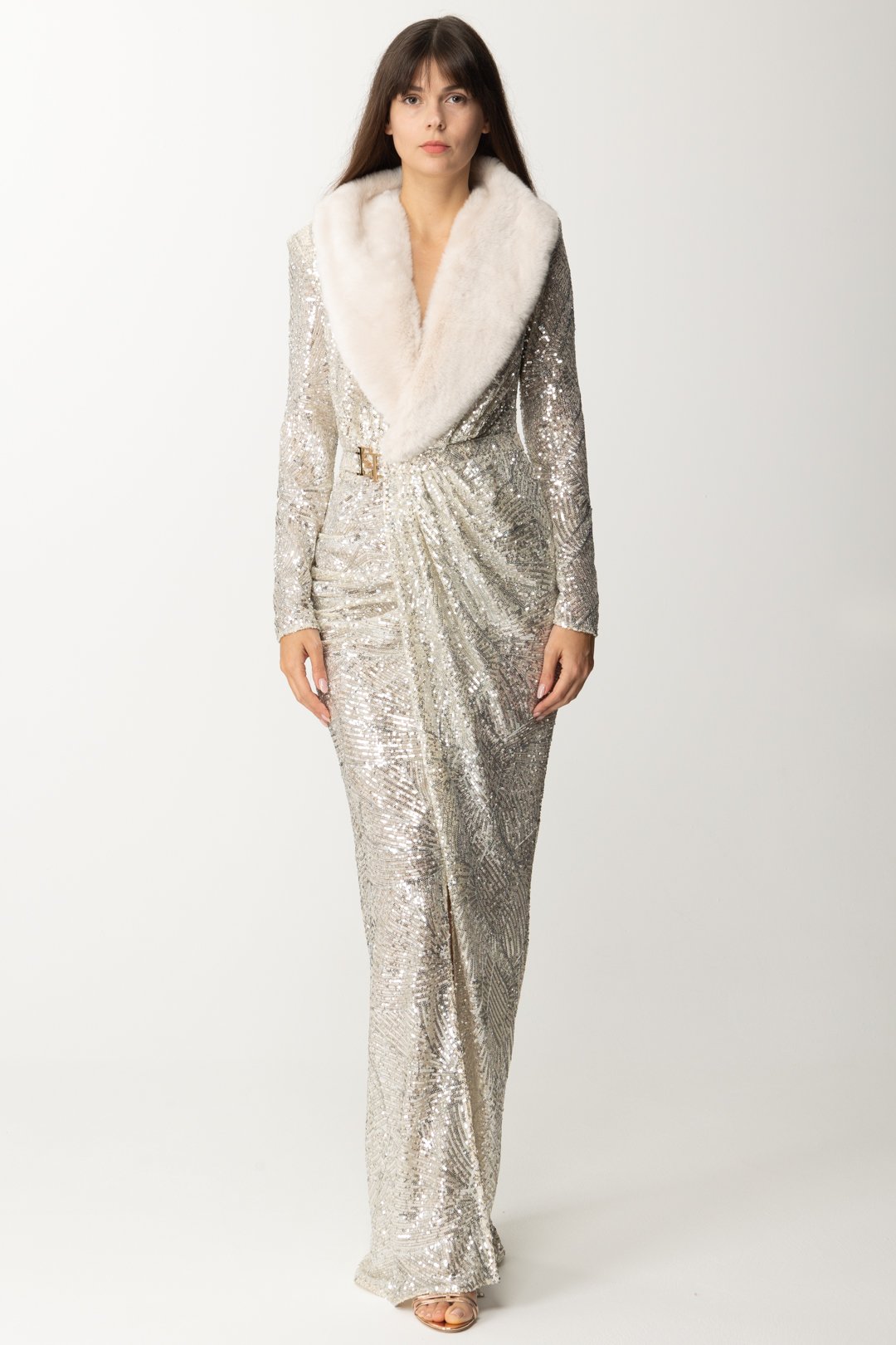 Preview: Elisabetta Franchi Red Carpet sequined dress with fur collar BURRO/SILVER
