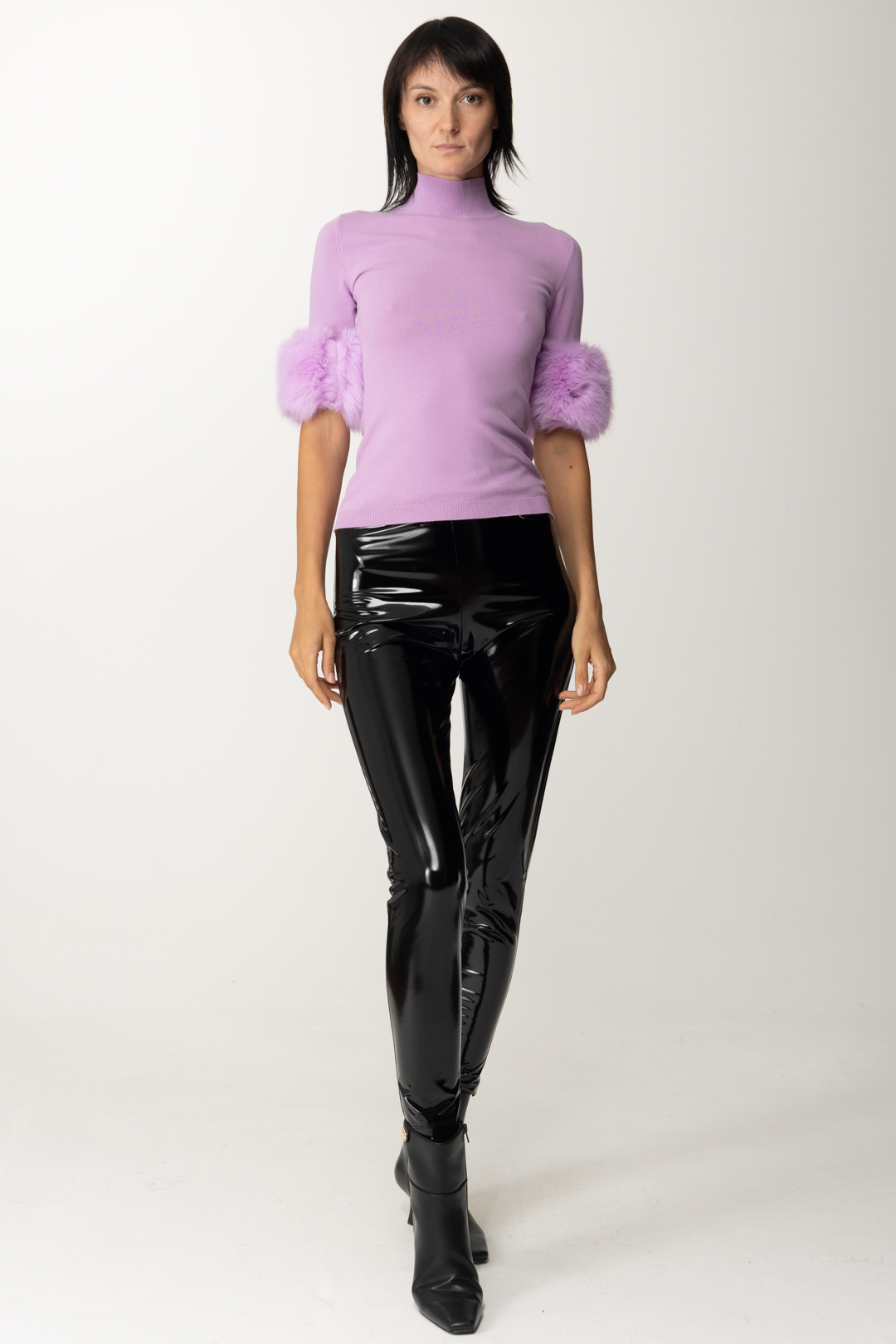 Preview: Simona Corsellini Turtle-neck sweater with fur inserts COOL LILAC
