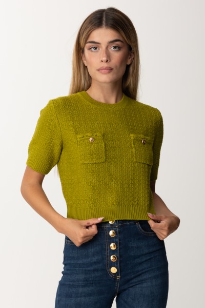 Elisabetta Franchi  Short-Sleeve Sweater with Pockets MK09S37E2 OLIVE OIL