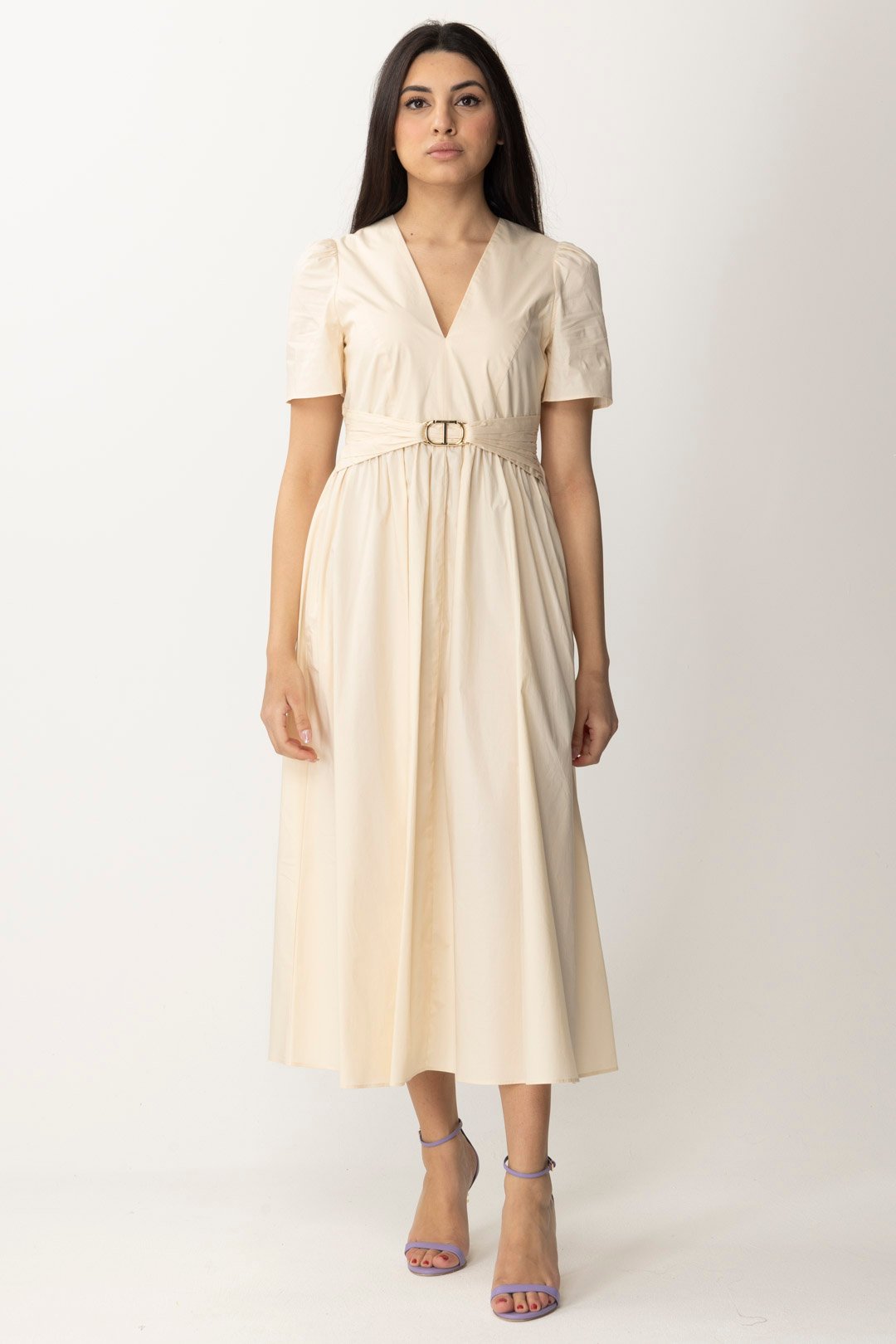 Preview: Twin-Set Cotton short-sleeved midi dress PARCHMENT