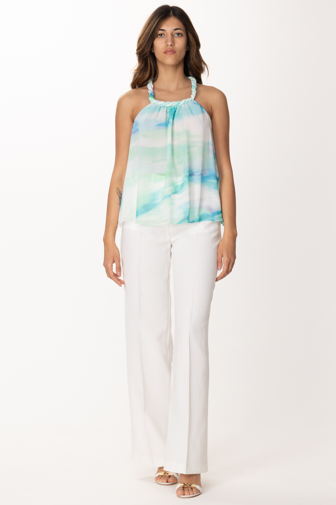 Preview: Patrizia Pepe Multicolor top with braided detail Aquatic Camu