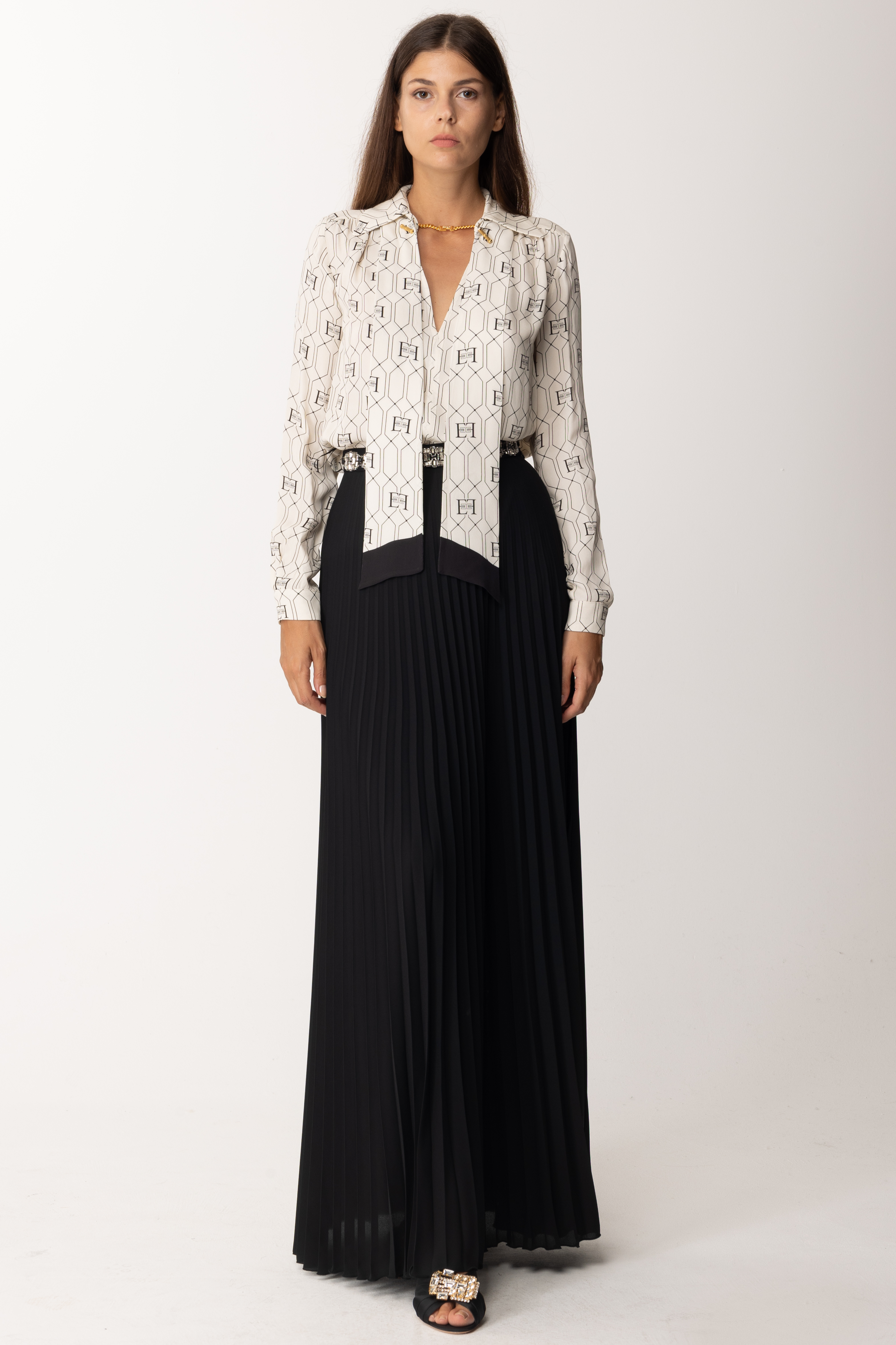 Preview: Elisabetta Franchi Long pleated georgette skirt with embroidery Nero
