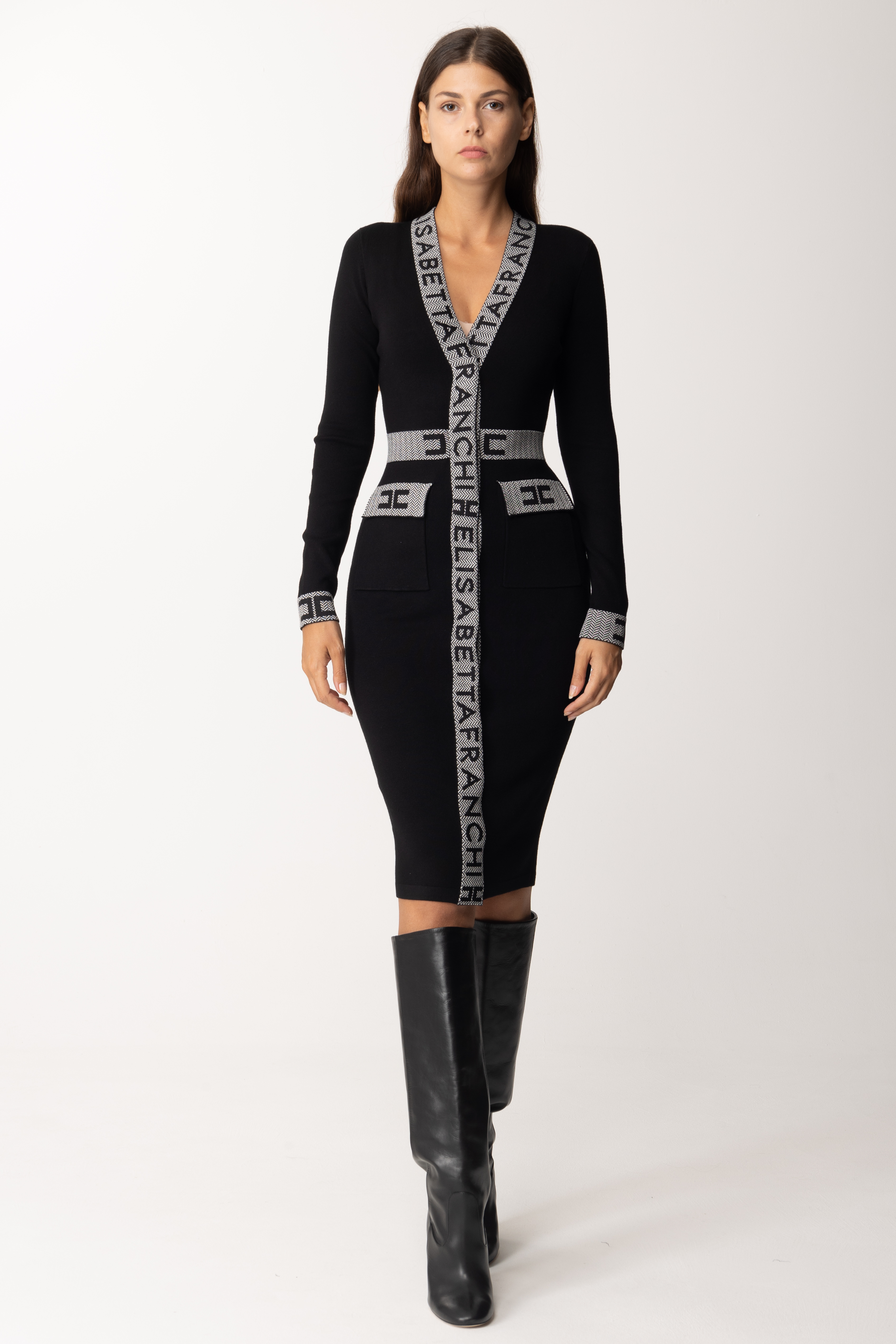 Preview: Elisabetta Franchi Knit chemisier dress with logo inserts Nero/Burro
