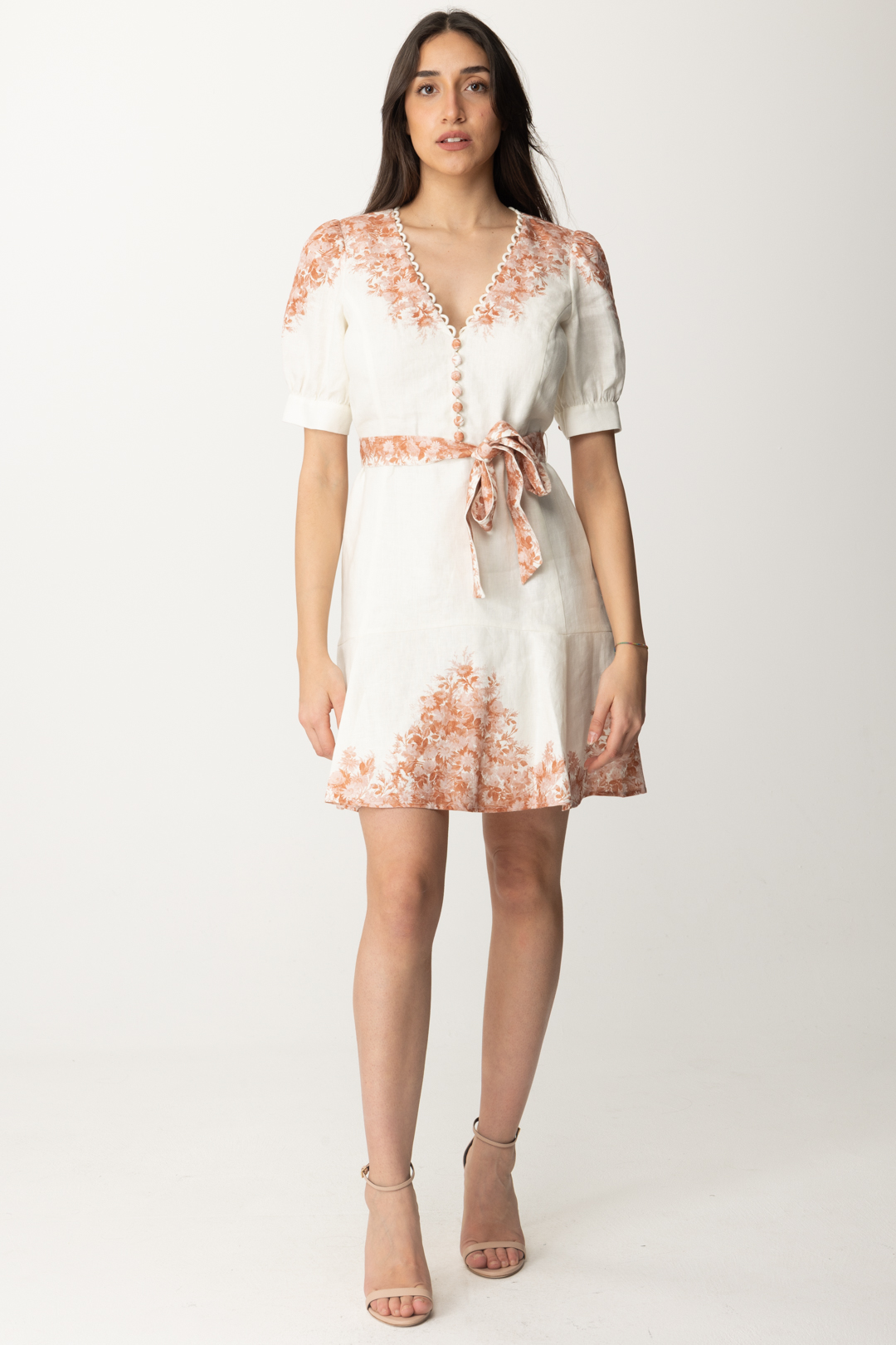 Vista previa: Twin-Set Vestido corto de lino con estampado de flores ST TOILE DE JOUY NEVE/PAPAYA