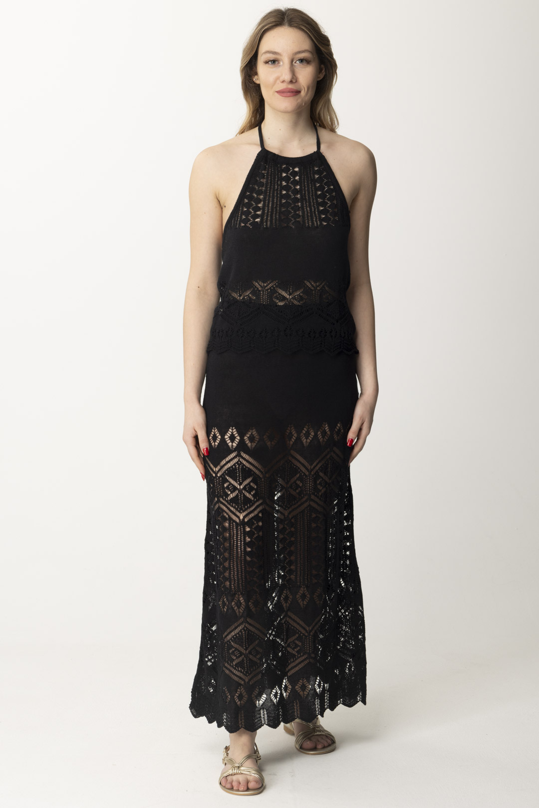 Preview: AKEP Perforated Linen Knit Maxi Skirt Nero