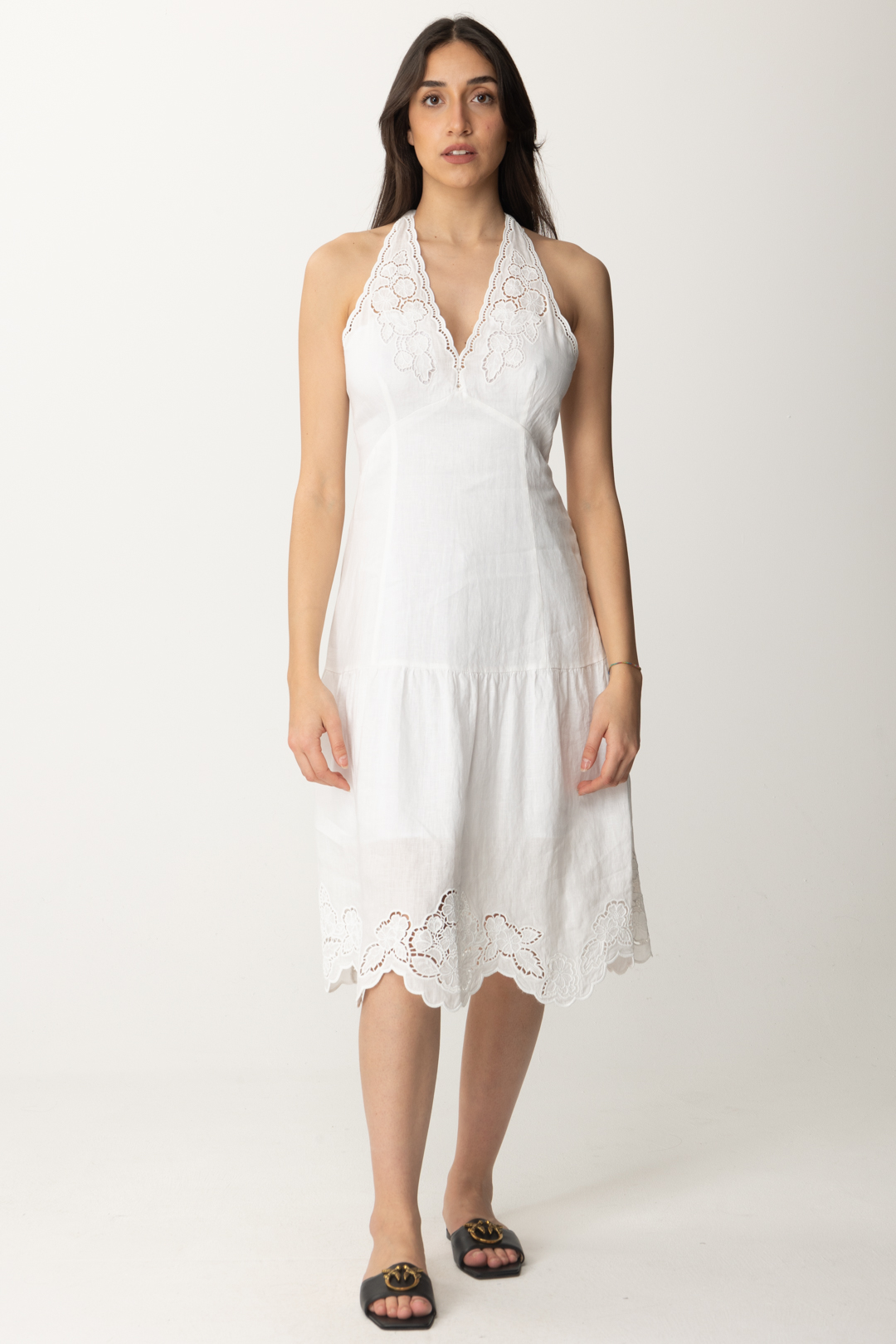 Preview: Twin-Set Midi linen dress with floral embroidery BIANCO OTTICO