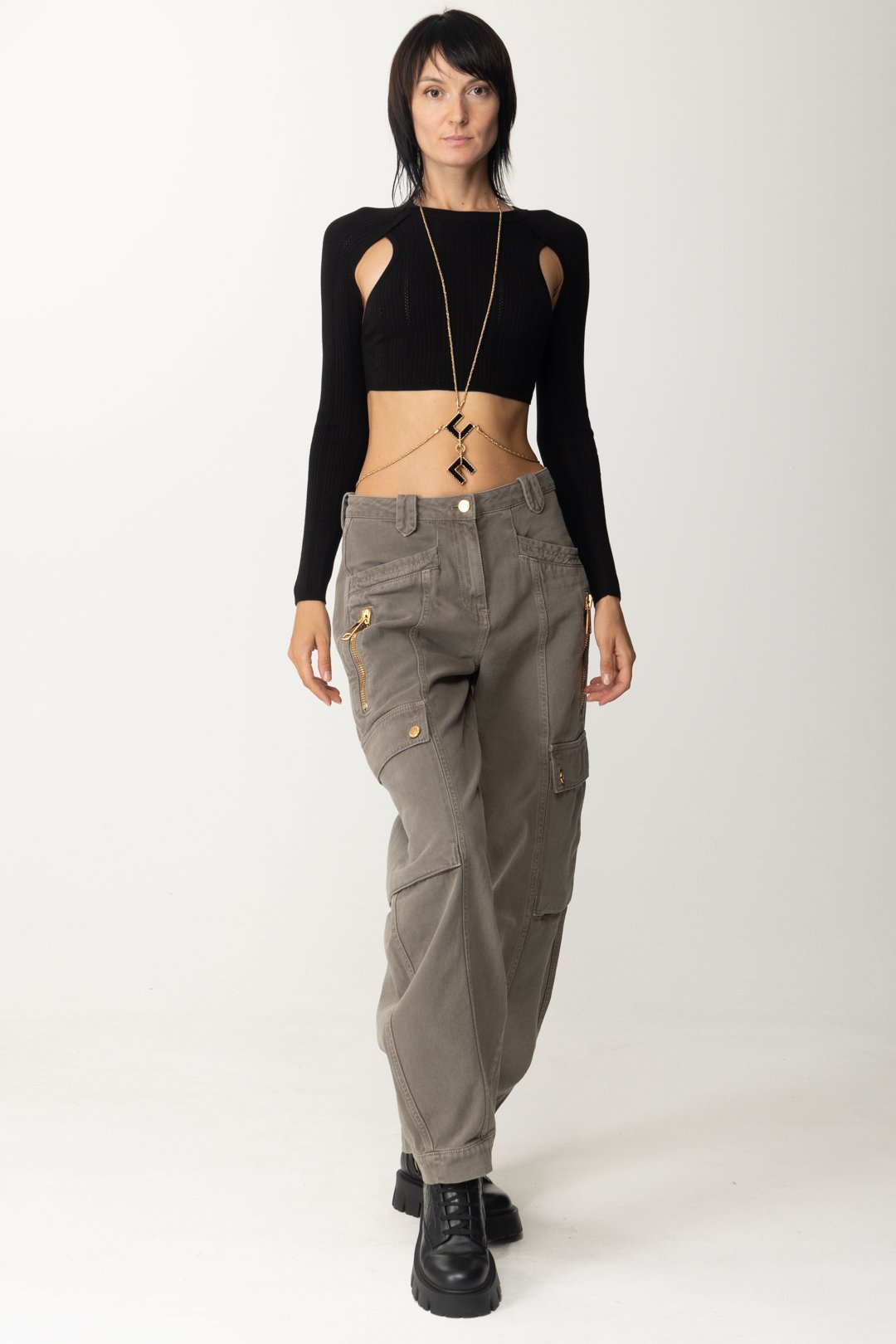 Preview: Elisabetta Franchi Ribbed crop top with cut-out Nero