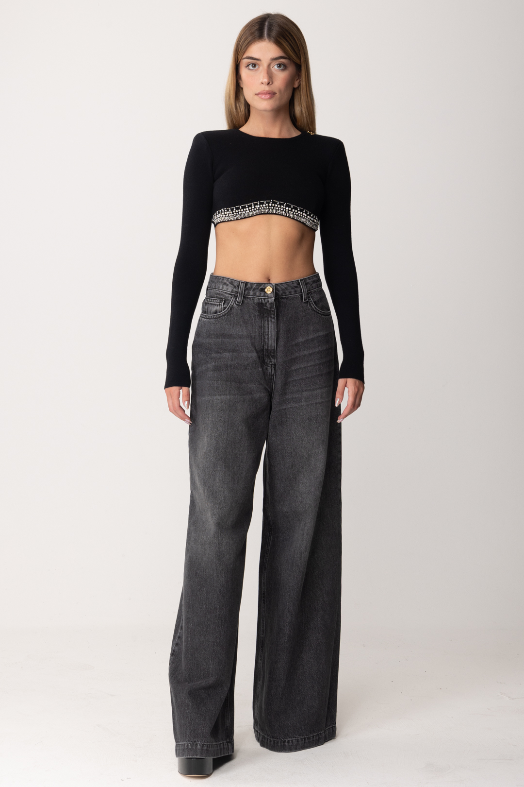 Preview: Elisabetta Franchi Crop top with embroidered bottom Nero
