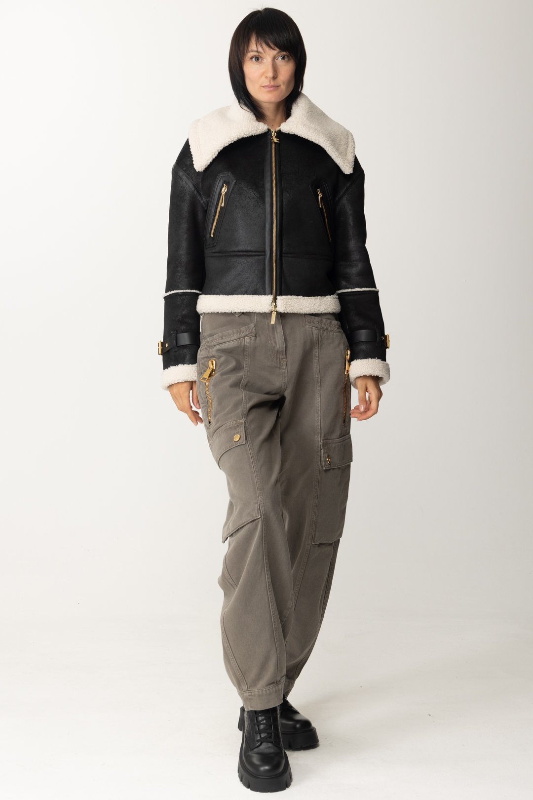 Preview: Elisabetta Franchi Eco shearling jacket with maxi collar Nero