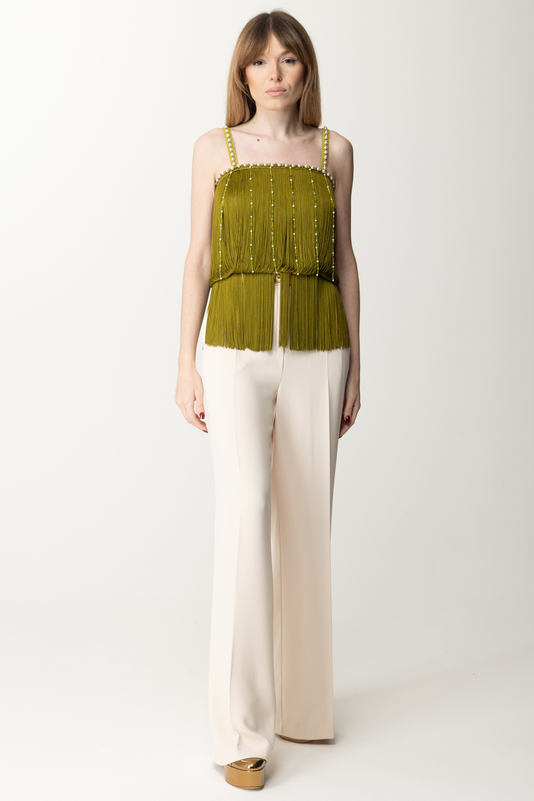 Preview: Elisabetta Franchi Top with fringes and pearl chains OLIVE OIL