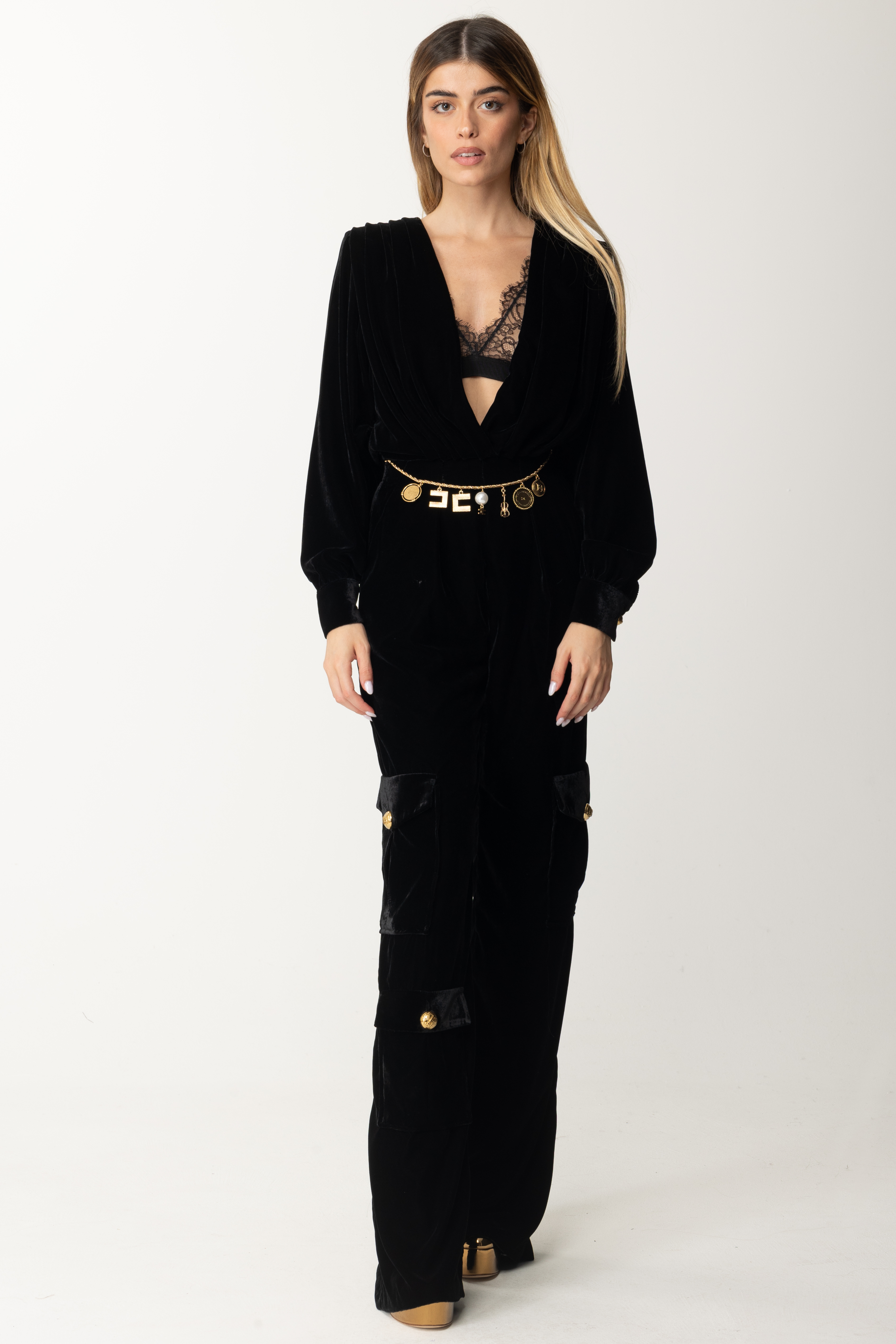 Preview: Elisabetta Franchi Velvet Jumpsuit with Lace Bra Nero
