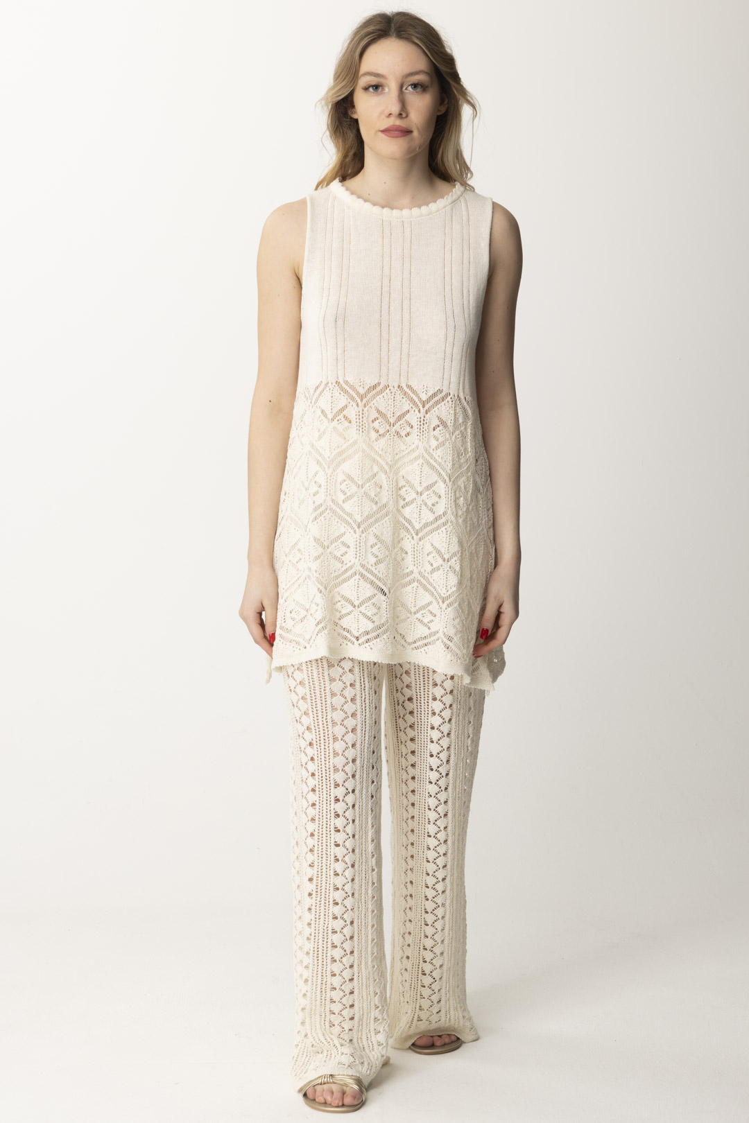 Preview: AKEP Linen Knit Perforated Palazzo Pants Panna