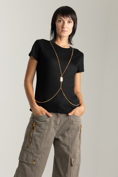 Elisabetta Franchi  Dżersejowy T-shirt ze złotymi dodatkami MA01336E2 NERO