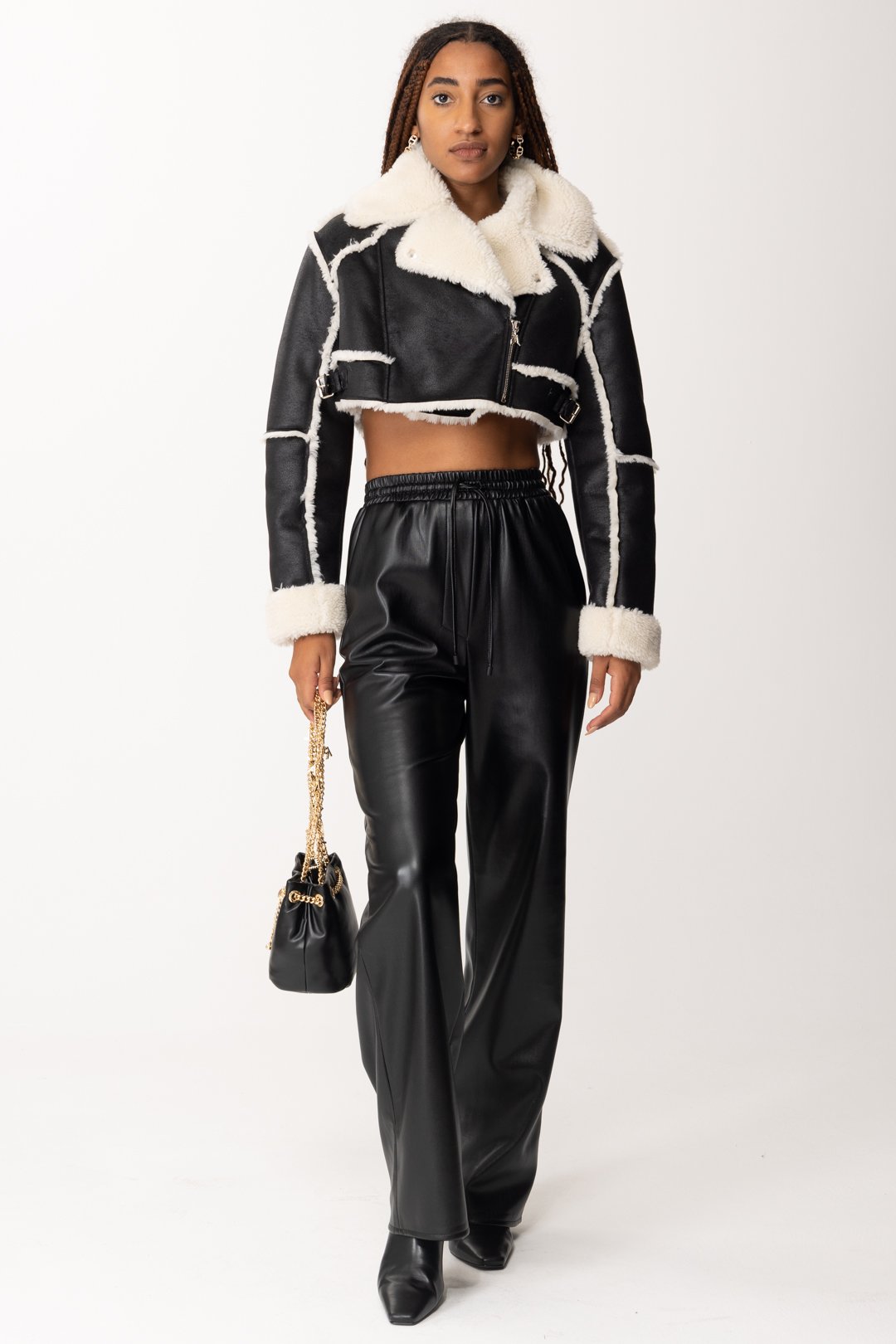 Preview: Patrizia Pepe Cropped jacket with fur Nero / Natural