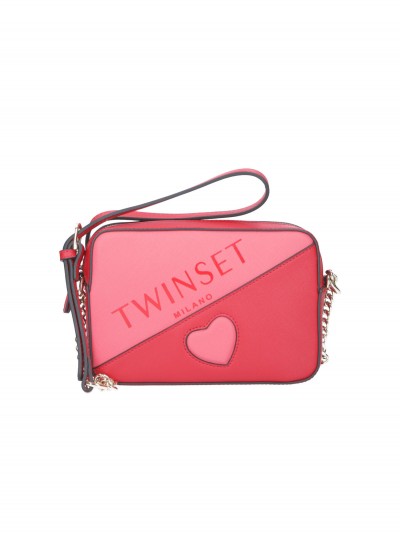 Twin-Set  Two tone shoulder bag with heart embroidery 201TO8070 BIC.CAMELIA/GERANIUM