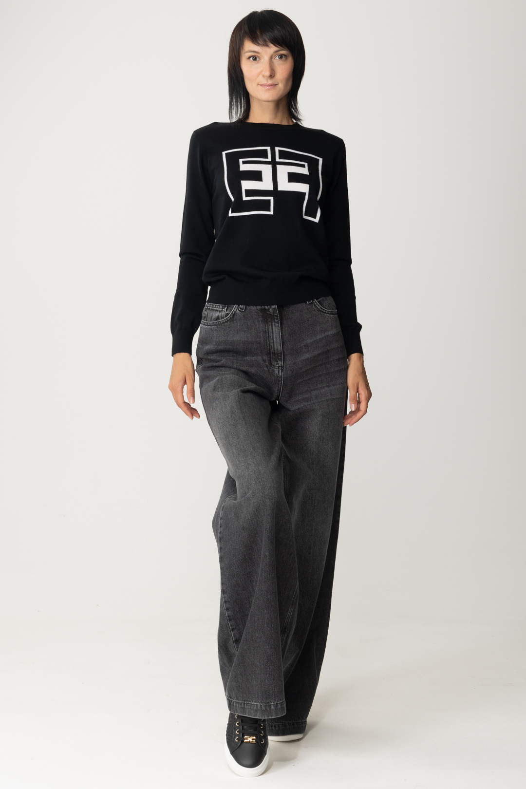 Preview: Elisabetta Franchi Knit pullover with contrasting logo Nero/Burro