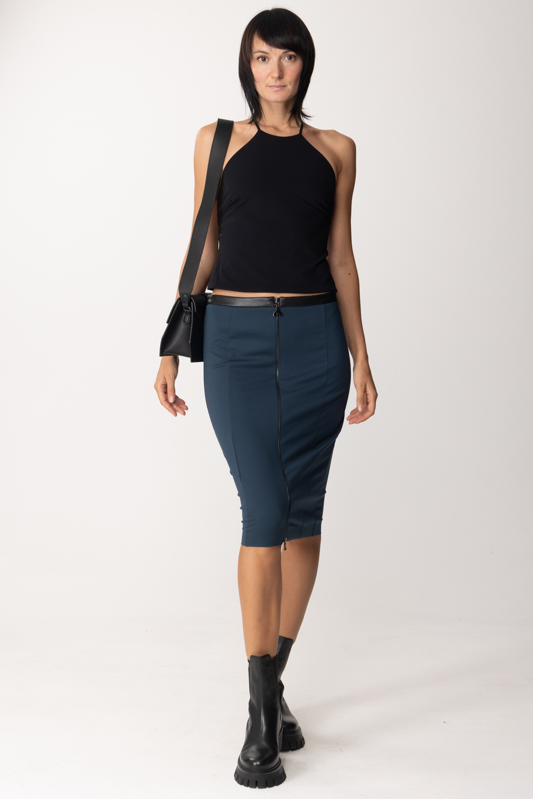 Preview: Patrizia Pepe Midi skirt with leather insert Petrol Blue