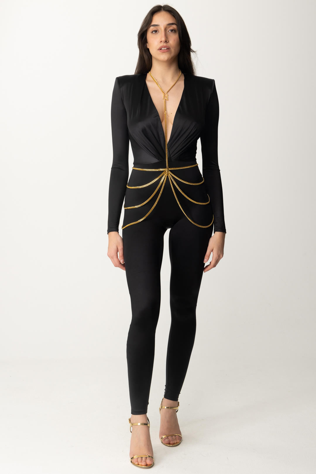 Preview: Elisabetta Franchi Shiny lycra jumpsuit with body chain Nero