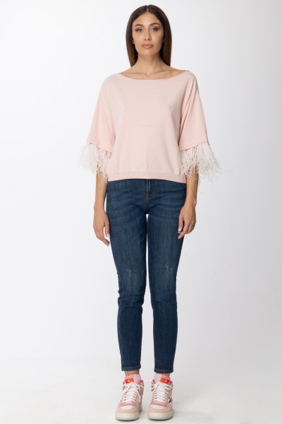 Twin-Set  Three-quarter sleeves sweater with feathers 222TP3044 ROSA PARISIENNE