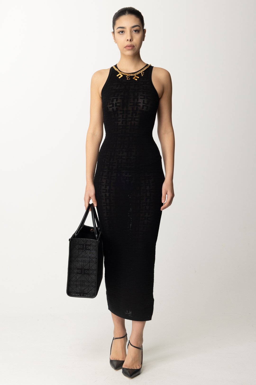 Preview: Elisabetta Franchi Dress with double C logo and gold details Nero