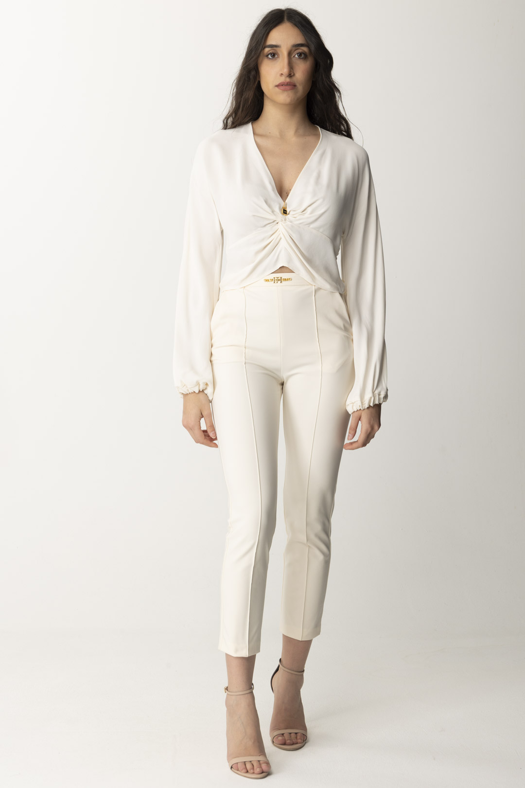 Preview: Elisabetta Franchi Trousers with piping and logo at waist Burro