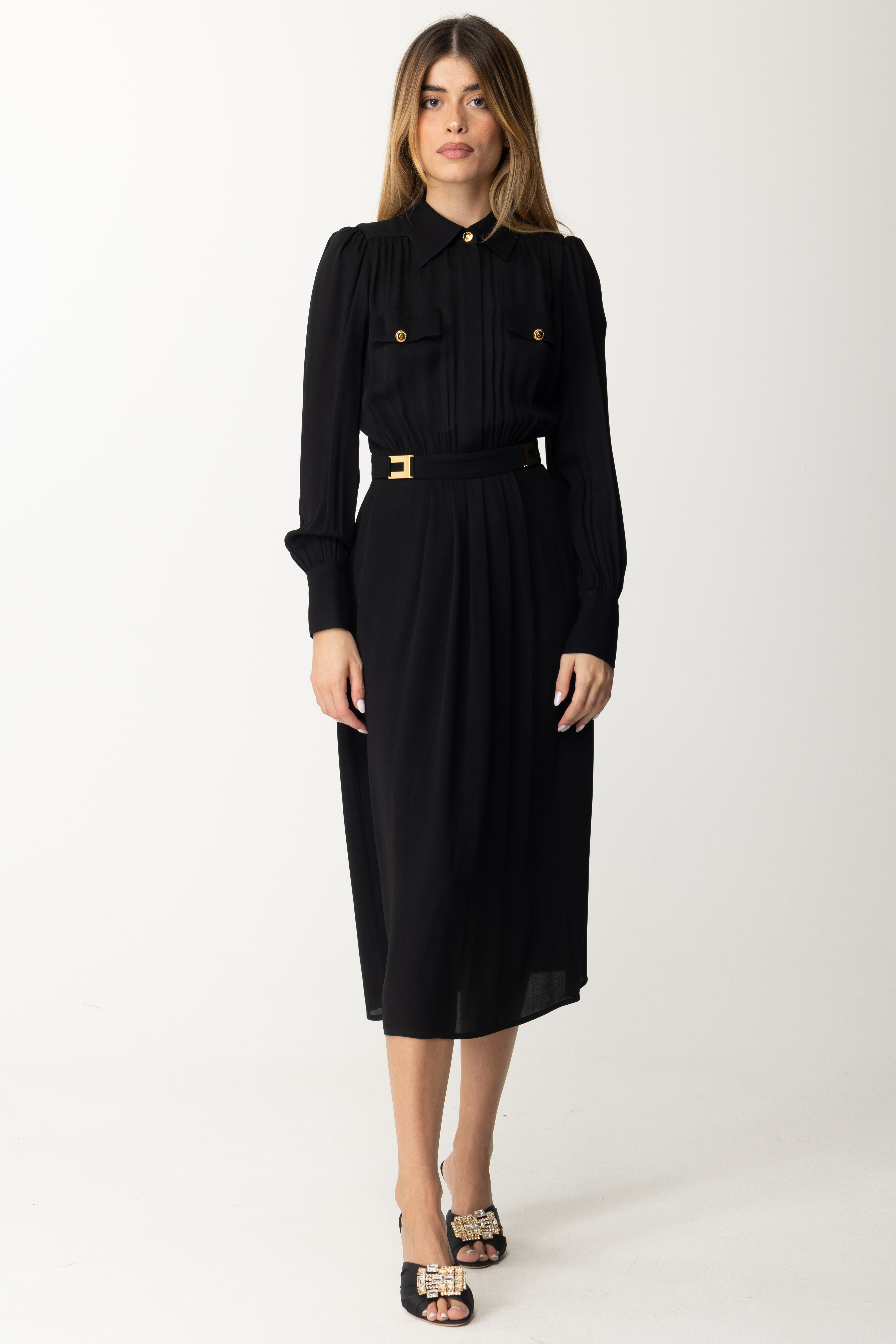 Preview: Elisabetta Franchi Chemisier dress with logoed plaques Nero