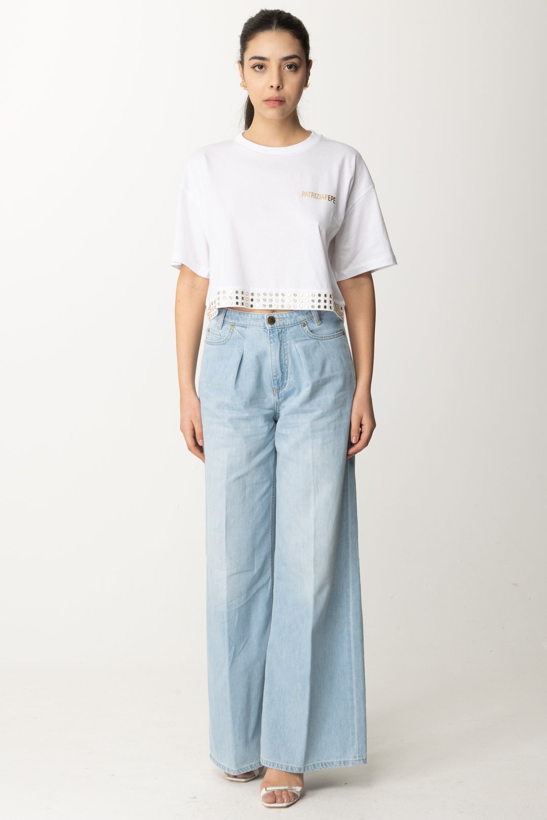 Preview: Patrizia Pepe Cropped T-shirt with studs and logo BIANCO OTTICO