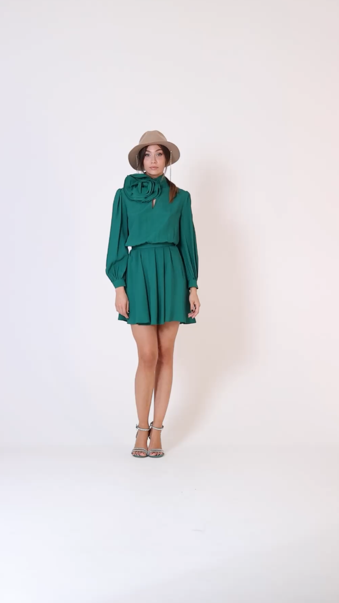 Preview: Simona Corsellini Short dress with flower brooch Leaf Green
