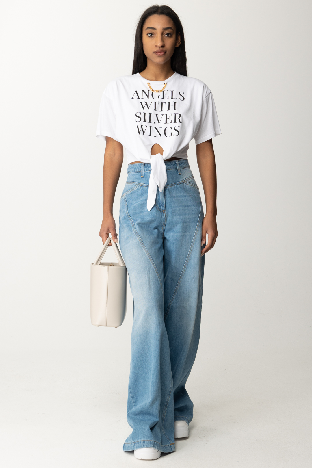 Preview: Elisabetta Franchi Crop T-shirt with Slogan Print and Gold Accessory Gesso