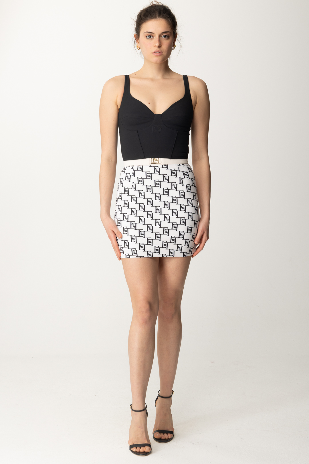 Preview: Elisabetta Franchi Stretch mini skirt with logo print Burro/Nero