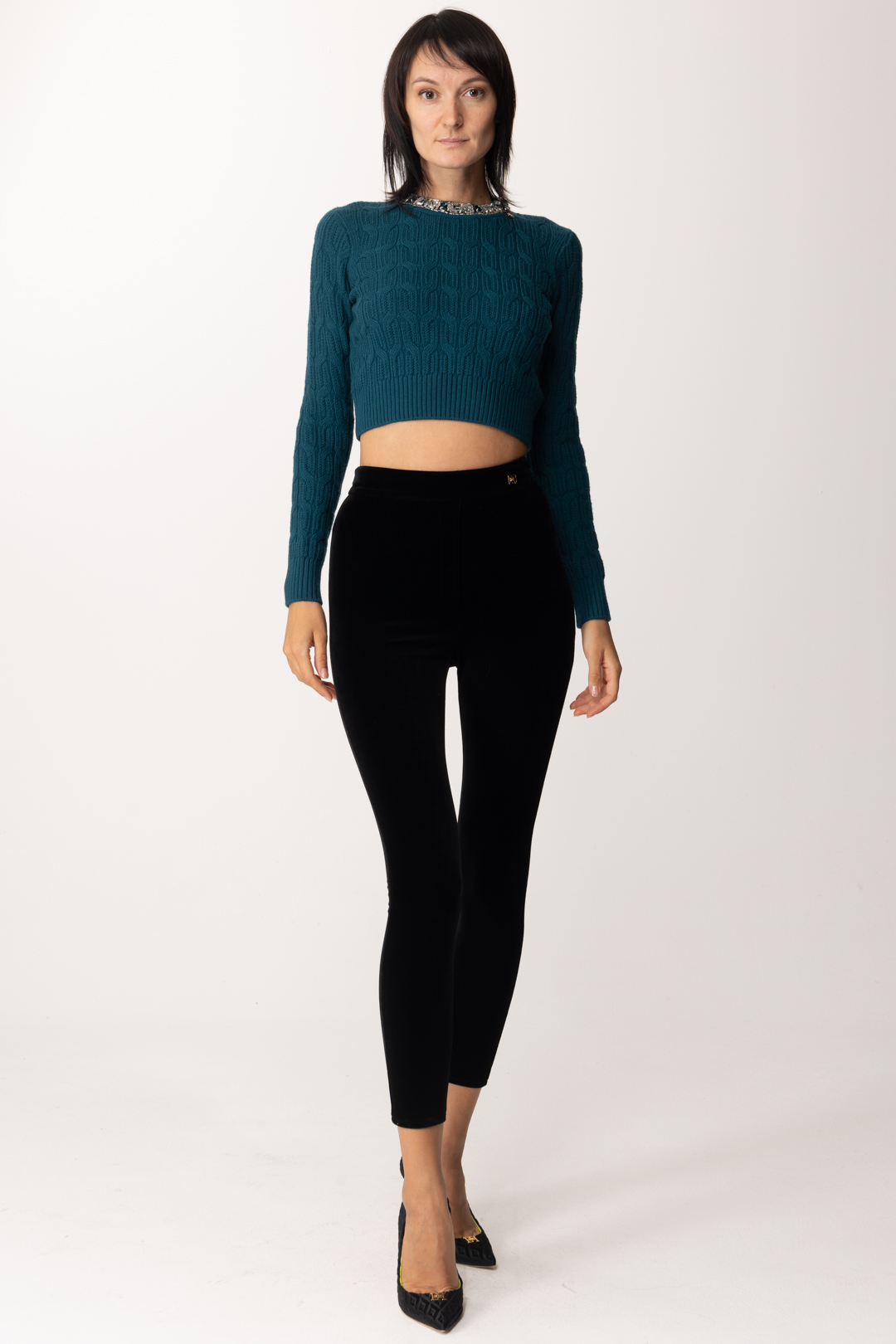 Preview: Elisabetta Franchi Wool sweater with embroidered collar Pavone