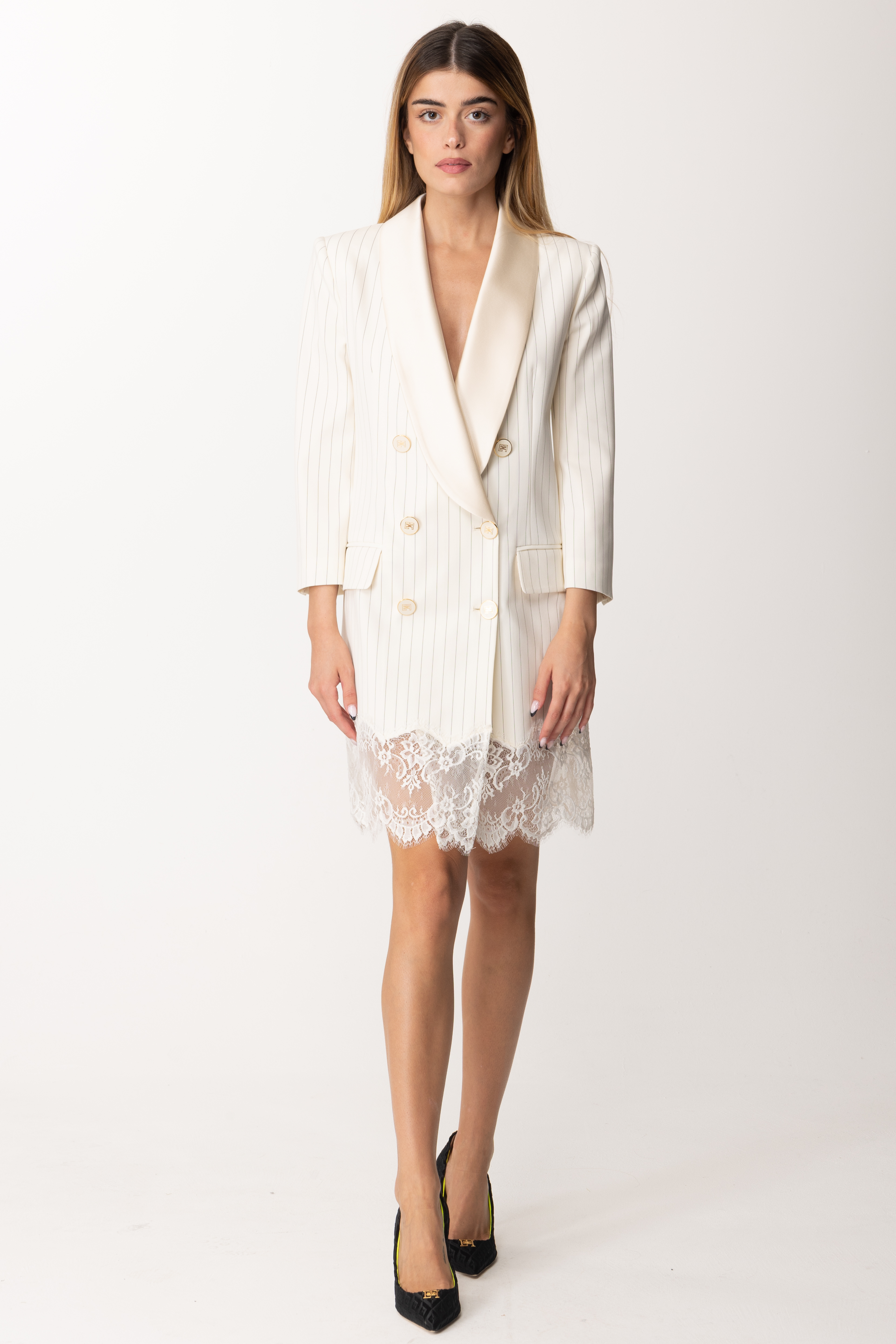 Preview: Elisabetta Franchi Pinstriped double-breasted robe-manteau Burro