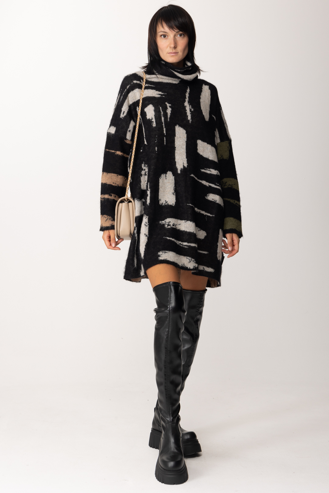 Preview: Alessia Santi Alpaca blend printed dress BURRO-MUSCHIO-NERO