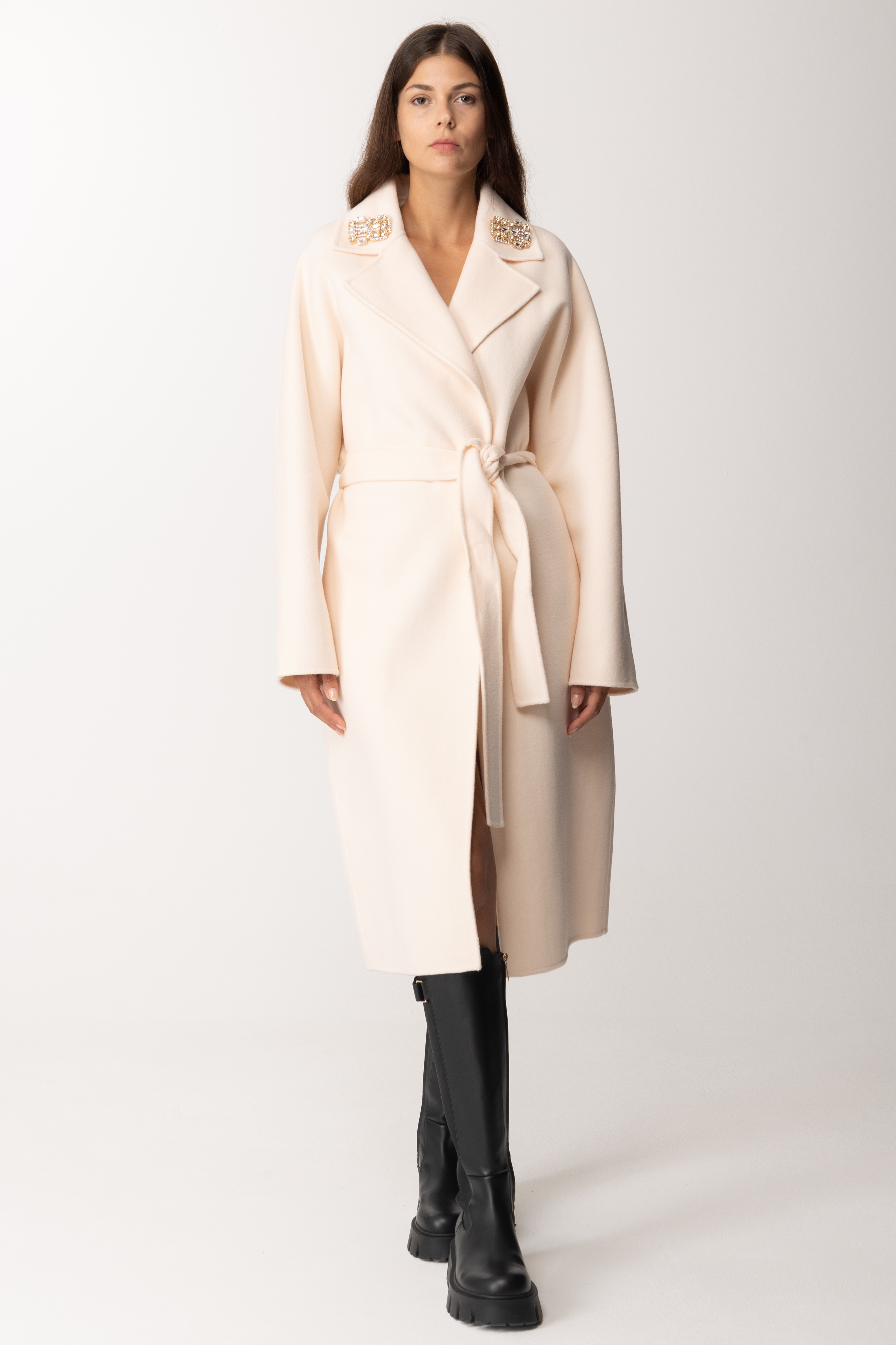Preview: Elisabetta Franchi Wool coat with pins on the lapels Burro