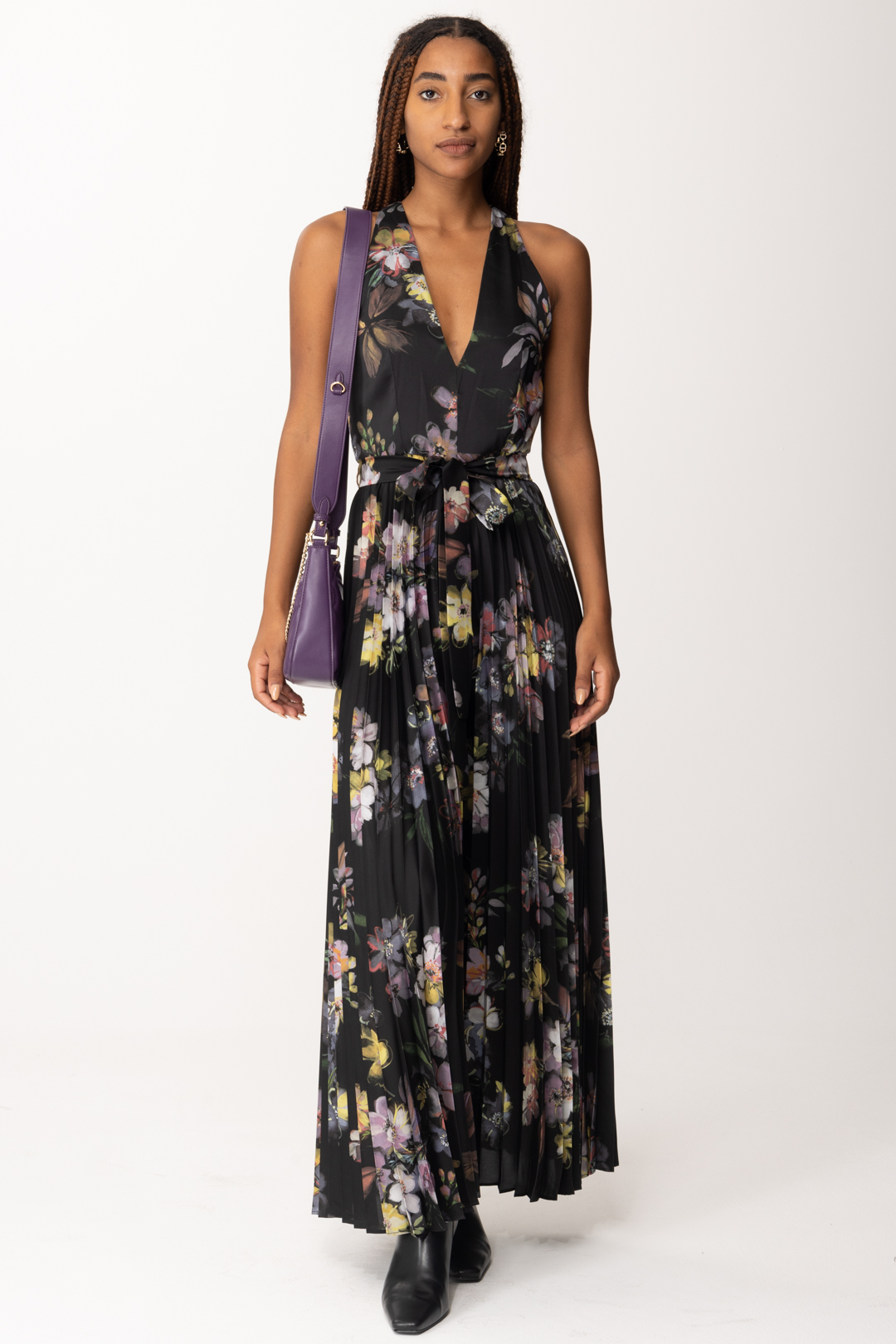 Preview: Twin-Set Long pleated jumpsuit with bouquet print ST FIORE NERO/MULTICOLOR