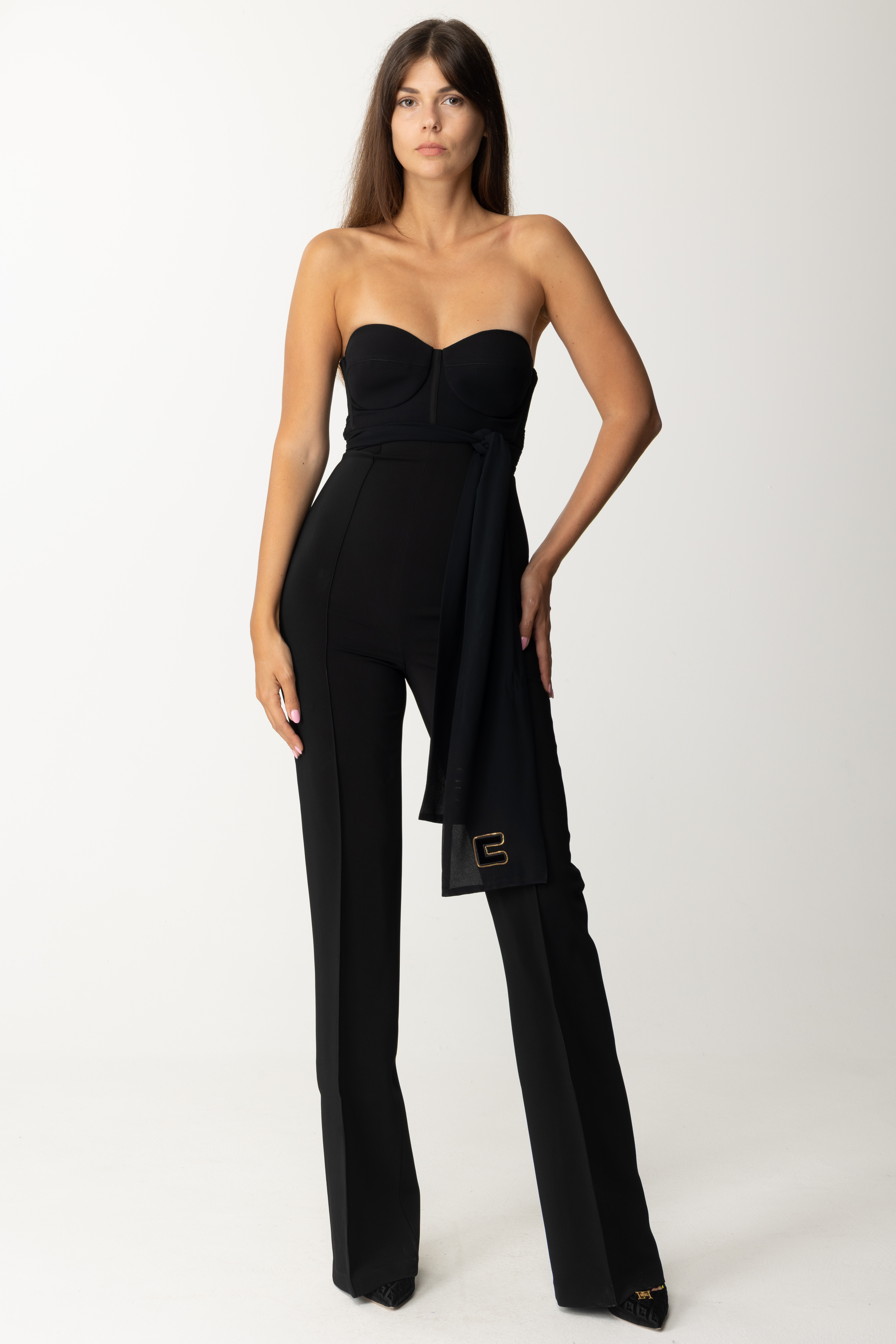 Preview: Elisabetta Franchi Viscose jumpsuit with scarf bodice and belt Nero